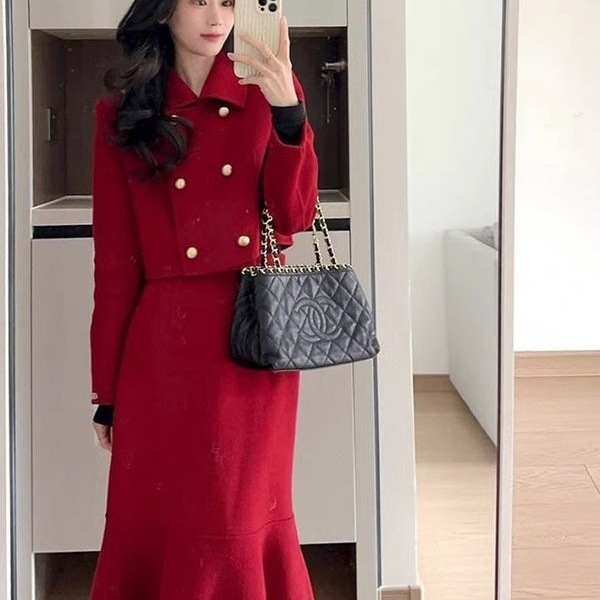 小香风套装裙名媛韩剧一整套洋气两件套红色连衣裙秋冬订婚礼服女|undefined