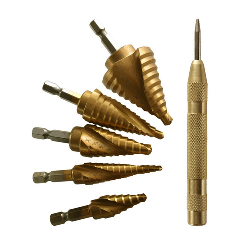 6pcs British pagoda drill hand electric drill punch drill bit set center punch combination tool hexagonal spiral step drill