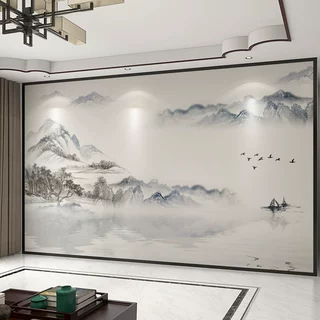 壁纸新中式大气水墨山水电视背景墙壁纸客厅壁布装饰墙布壁画