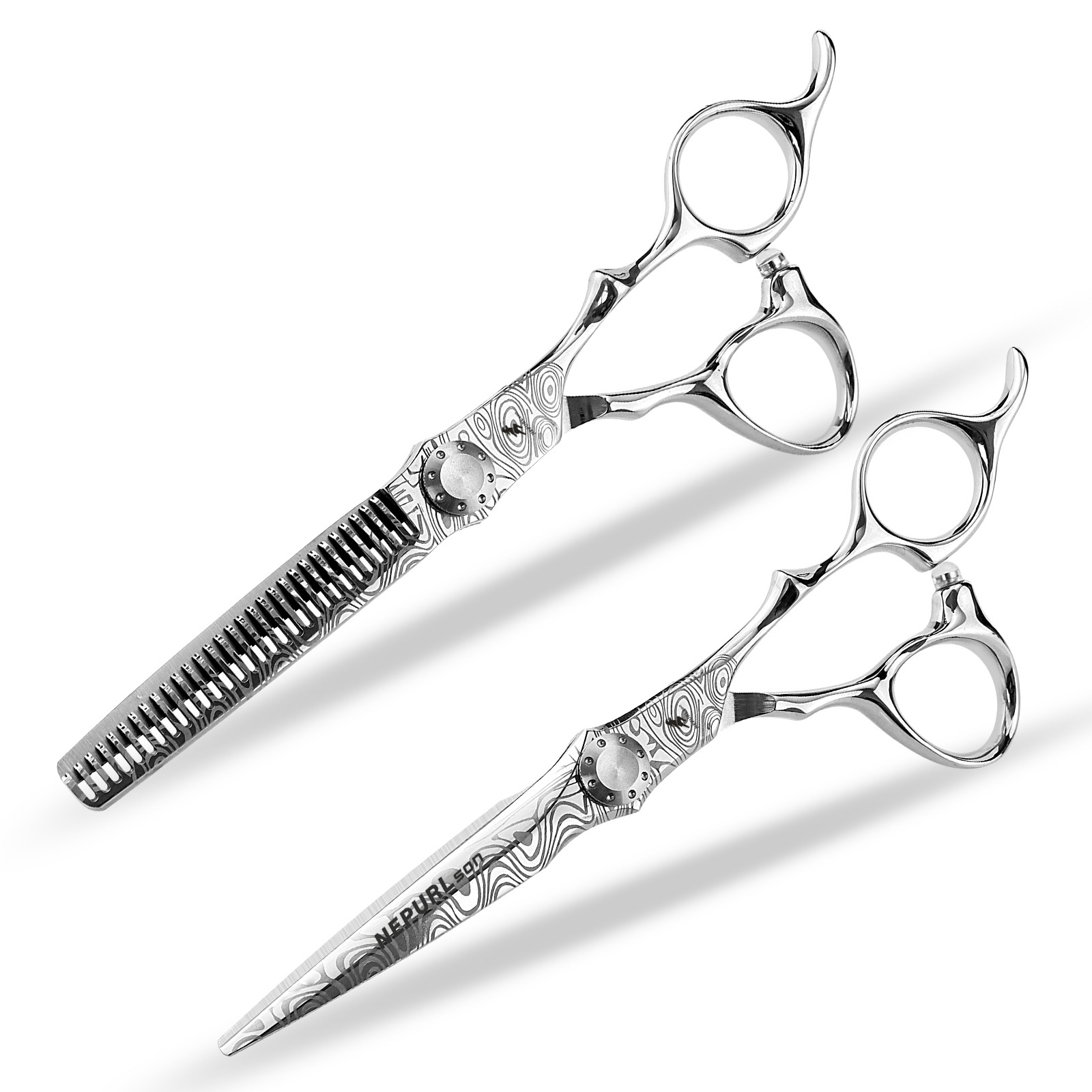 6.0寸JP440C奈普森双面剑背大马士革花纹 美发剪刀理发剪平剪牙剪