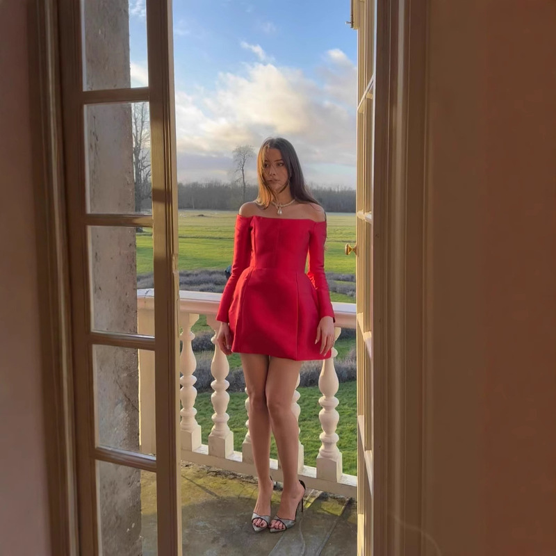 AliExpress sexy off-shoulder high-end satin dress cross-border European and American long-sleeved waist temperament mini skirt