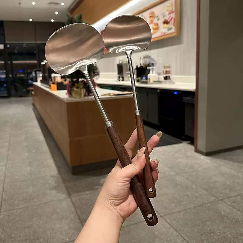 爆款不锈钢蘑菇铲仿胡桃木柄锅铲炒菜炒勺食品级家用套装蘑菇铲