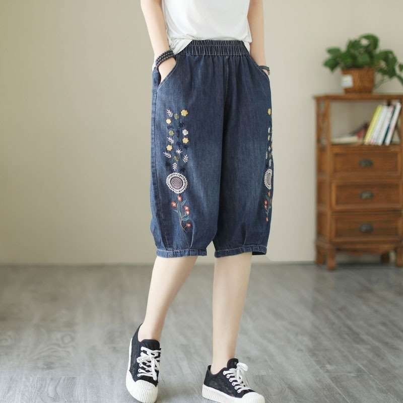 Thin Jeans for Women, Embroidered, Loose, Large Size, Retro Literary Elastic Cropped Pants, Harem Pants, Bloomers, Versatile Style Thin Jeans for Women, Embroidered, Loose, Large Size, Retro Literary Elastic Cropped Pants, Harem Pants, Bloomers, Versatile Style