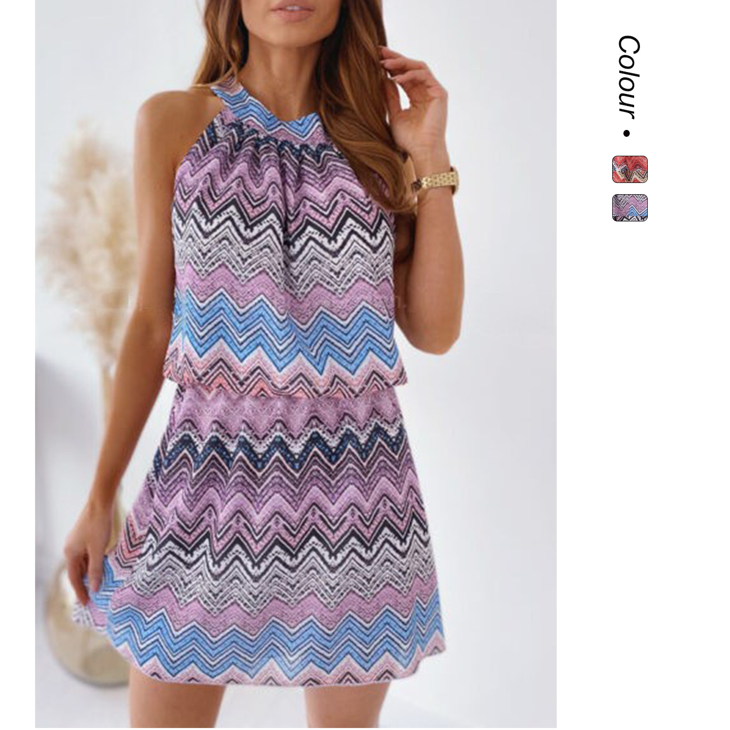 2025年欧美跨境春夏新款 波浪数码印花无袖短款时尚连衣裙8373