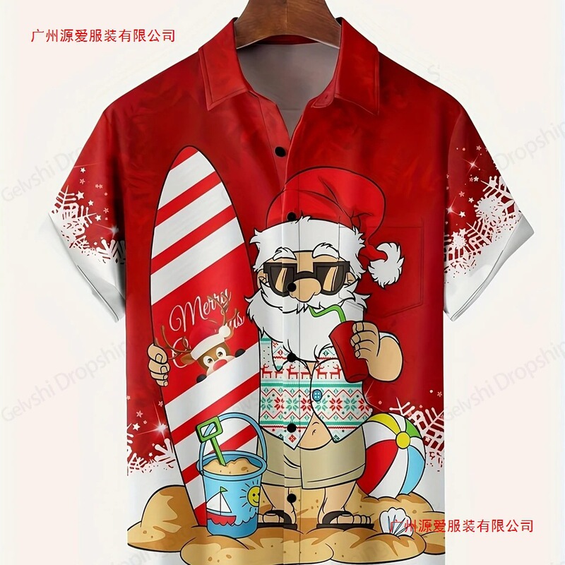 Men's Vintage Christmas Hawaiian Shirt Men's Women's Fashion Cartoon Santa Claus Shirt Short Sleeve Shirt Festival