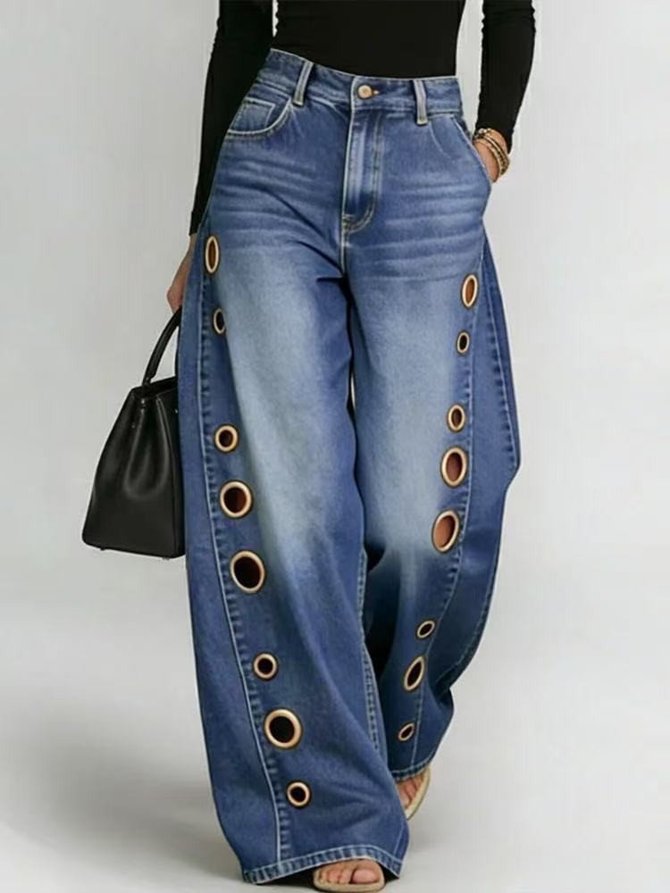 LD2814 Women's Straight Leg Jeans Whiskered Wash Loose Fit Curved Eyelet New Export_mkmklike.com