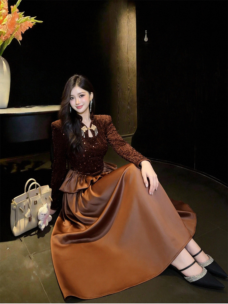 Đầm maxi nữ thắt eo phong cách Trung Hoa thiết kế sequin lấp lánh — Cà phê nâu chi tiết 9