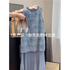 新しい中国風フェイクツーピースブルーノースリーブドレス女性のための 2025 夏の新しいジャカード美しいベストロングスカート