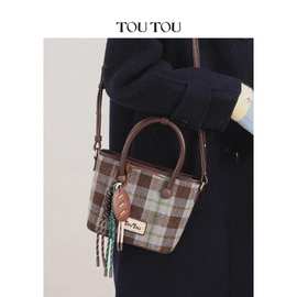 TOU秋冬新款格纹毛呢菜篮子托特包大容量手提包通勤单肩斜挎包