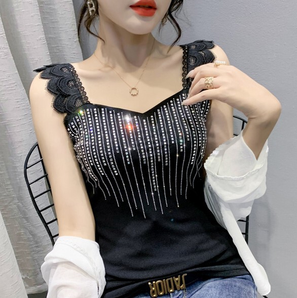 Can be made on behalf of lace stitching hot drilling small vest women's black large size fat MM heavy Diamond sleeveless sling