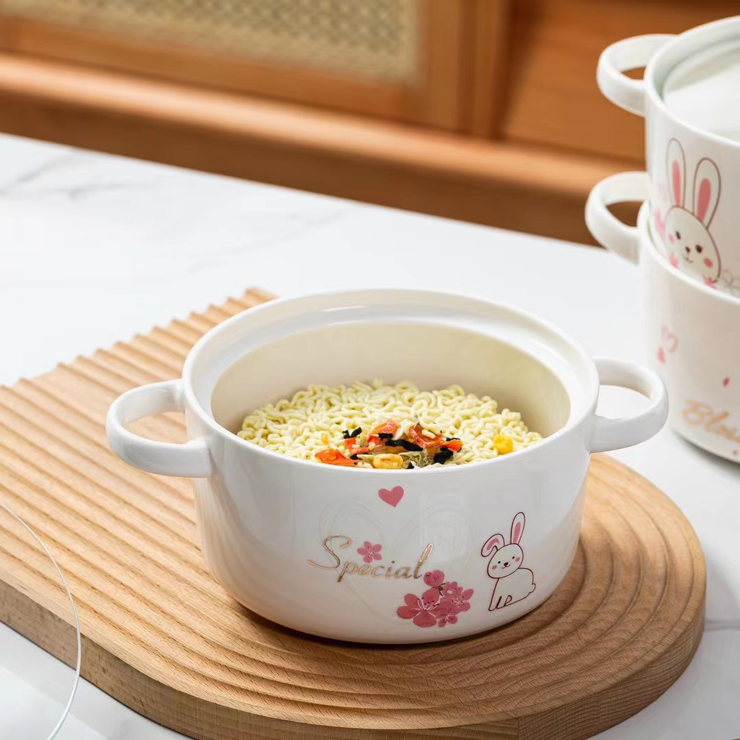 Personalidad creativa tazón de fideos instantáneos de doble oreja conejo Rosa flor de cerezo tazón de ensalada de cerámica con tapa tazón de sopa de dibujos animados hogar regalo image 4