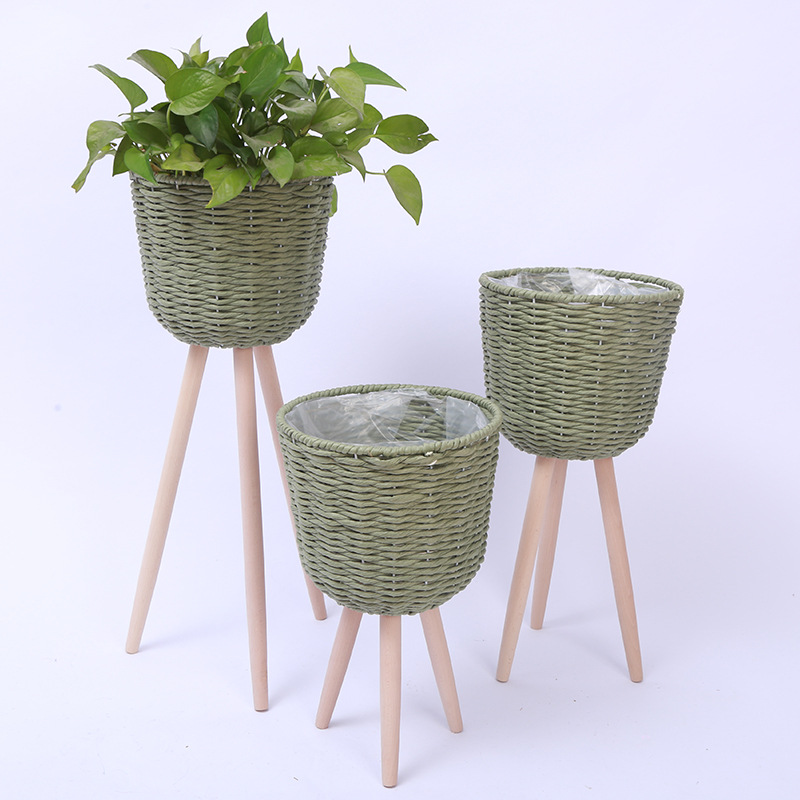 Piso de La Flor soporte de madera pierna piso flor soporte tejida flor olla sala de estar balcón decoración flor cesta paja tejido piso soporte