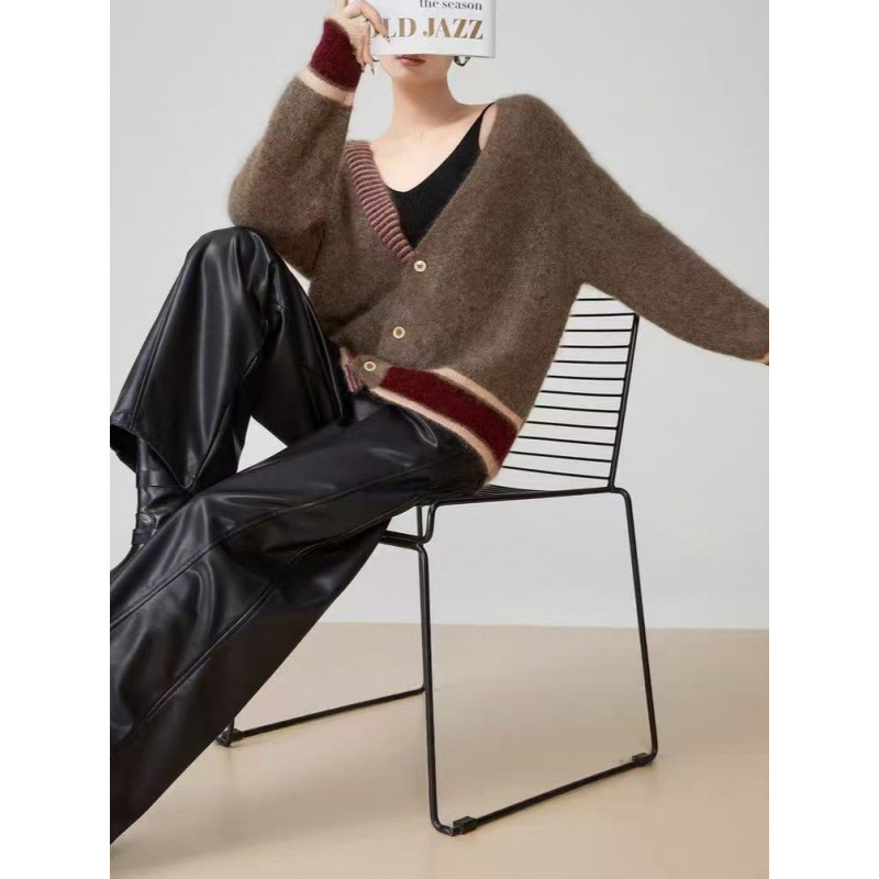 Cross-Border 2025 Korean Autumn and Winter Contrast Stripesd Loose Outer Knitted Cardigan Top Long-Sleeved Sweater Women's Jacket