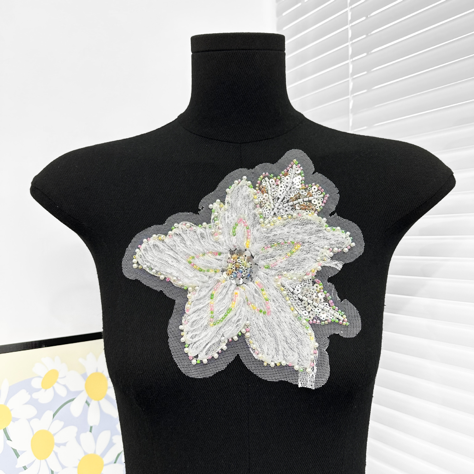 Flor de bordado de sequillas blancas decal de gran tamaño de cuentas bordadas sello DIY vestido de boda accesorios de ropa decoración image 10