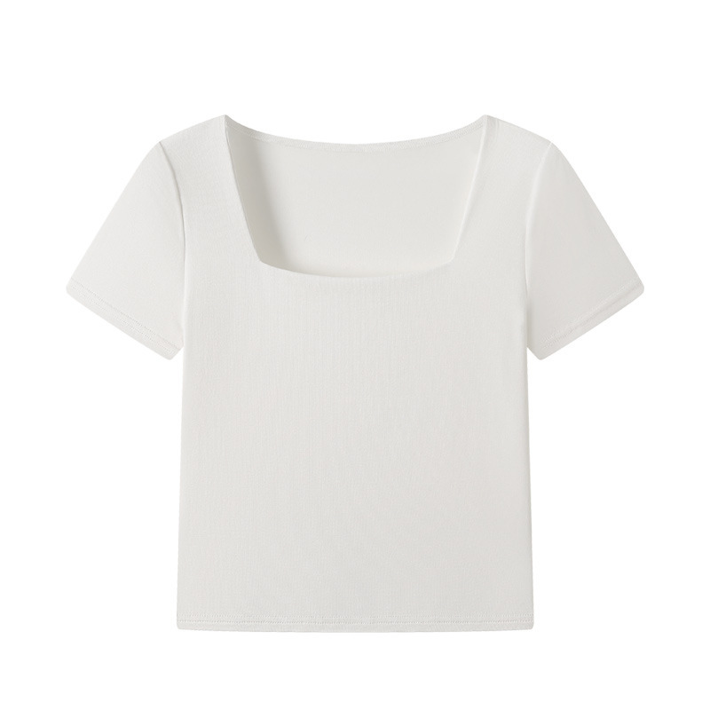 H292方襟プラス肩半袖tシャツ女春夏新作純欲ギャル修身白インナー肩トップス|undefined