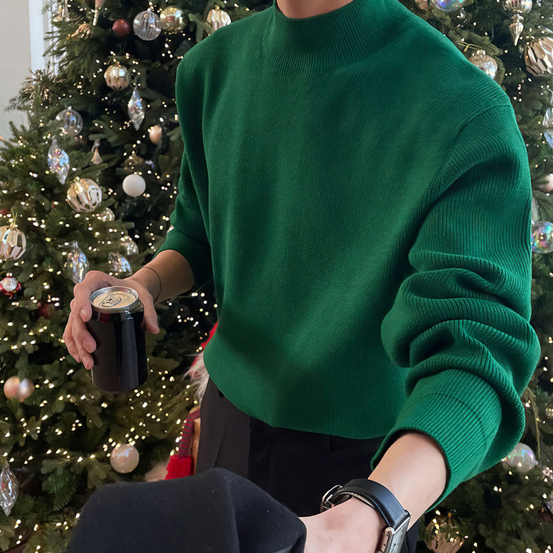 Green Half-Turtleneck Sweater for Men, Festive Atmosphere, Loose and Thick, Inner Layer, Long-Sleeved Pullover Knitwear