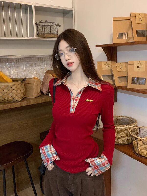 [250g Comfortable Velvet] Spliced Plaid Polo Collar Long Sleeve T-shirt Women's Fall/Winter Slim Fit Backing Shirt Inner Jacket