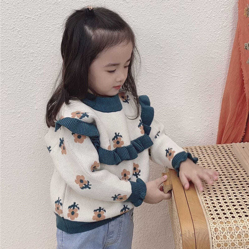 Girls' Autumn and Winter Clothes Thickened Knitted Sweater 2023 New Style Western Style Flower Baby Girl's Sweater Children's Clothes