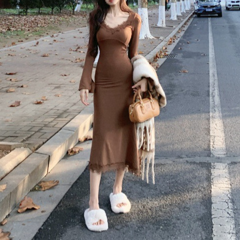 跨境批发秋冬V领长袖连衣裙女拼接鱼尾黑色蕾丝收腰修身气质长裙|undefined