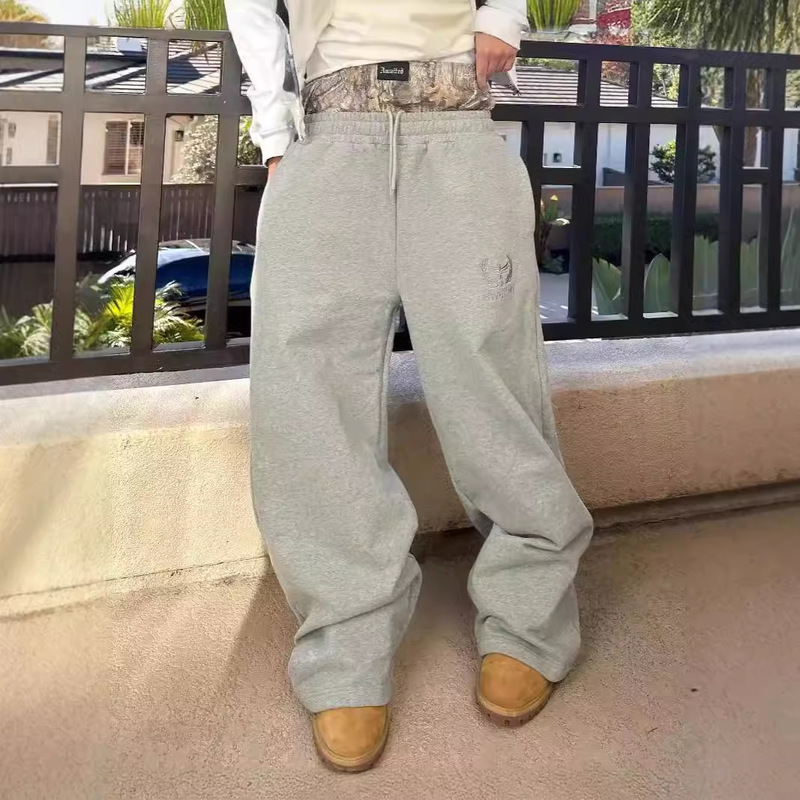 Cross-border AliExpress Street Fashion Pattern Embroidery Double Waist Lace-up Casual Straight Pants Men's Sports Casual Trousers