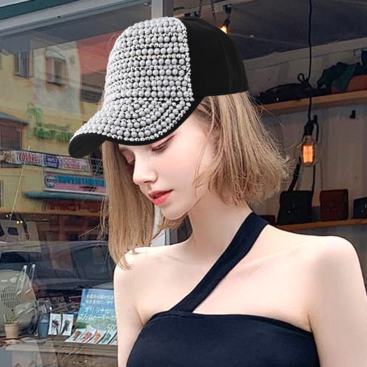 Explosiones transfronterizas de moda de género neutro para mujeres gorras de béisbol redondas de perlas incrustadas de diamante gorras de boca de pato campamento hoguera