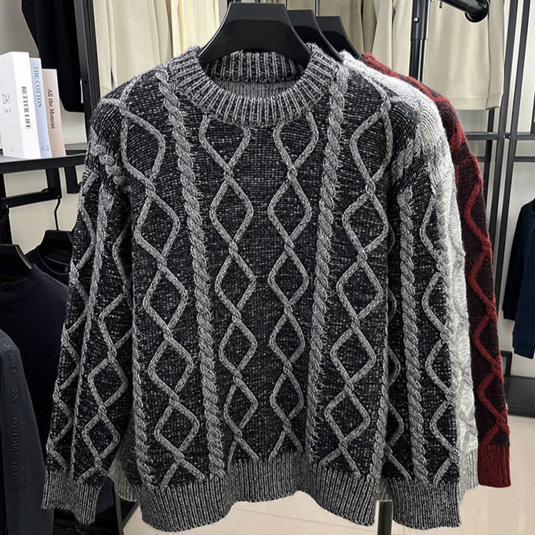 Suéter de color contrastante diamante hombre otoño invierno americano camisa de punto de alta calle marca de moda suelta de cuello redondo hombre suéter cálido