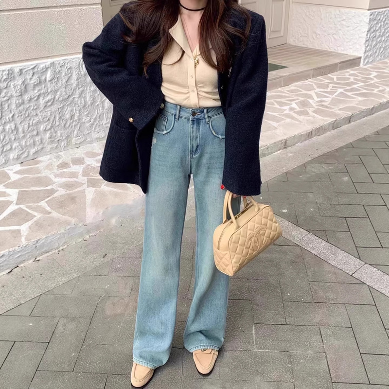 2026 New Light Blue High-Waisted Wide-Leg Jeans for Women, Fall/Winter Margiela Straight-Leg Floor-Length Pants 2026 New Light Blue High-Waisted Wide-Leg Jeans for Women, Fall/Winter Margiela Straight-Leg Floor-Length Pants
