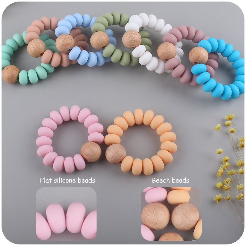 Nuevo bebé suministros granos planos espaciador creativo bebé silicona mordedura haya molar pulsera mordedor juguete