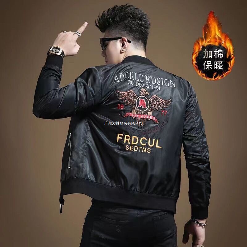 Autumn and Winter New Men's Embroidered Slim Pilot Jacket Trendy Korean Casual Zipper Baseball Collar Jacket Trendy
