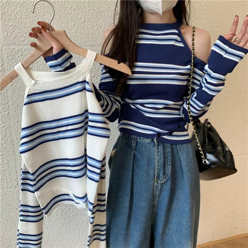 挂脖露肩条纹针织衫女早秋短款修身显瘦小众设计感甜酷风长袖上衣