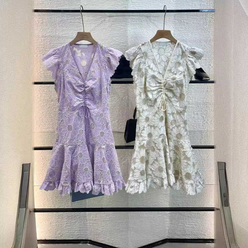French-Style 24 Flutter Sleeve Chanel-Inspired V-Neck Drawstring Waist Short Water-Soluble Lace Daisy Dress Fashion