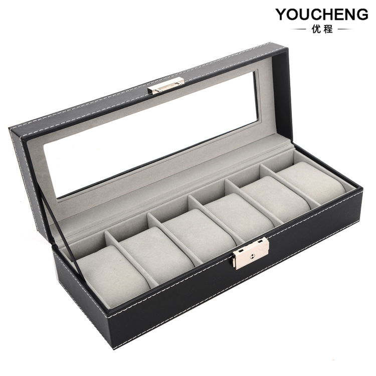 现货批发一字锁内灰绒6位手表盒pu皮革手表展示盒手表首饰礼品盒