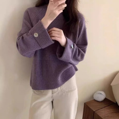 韩系新款圆领套头加厚毛衣女装秋冬新款小众设计感纽扣针织衫上衣