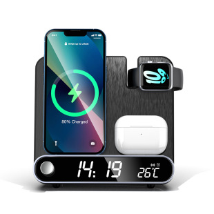 New 15W Wireless Charging Clock Watch Earphones Three-In-One Wireless Charging Clock Alarm Clock Thermometer Wireless Charging Belt