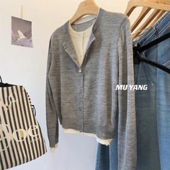 MUYANG 配色超好看~双开襟 假两件30%羊毛长袖针织开衫女 春季