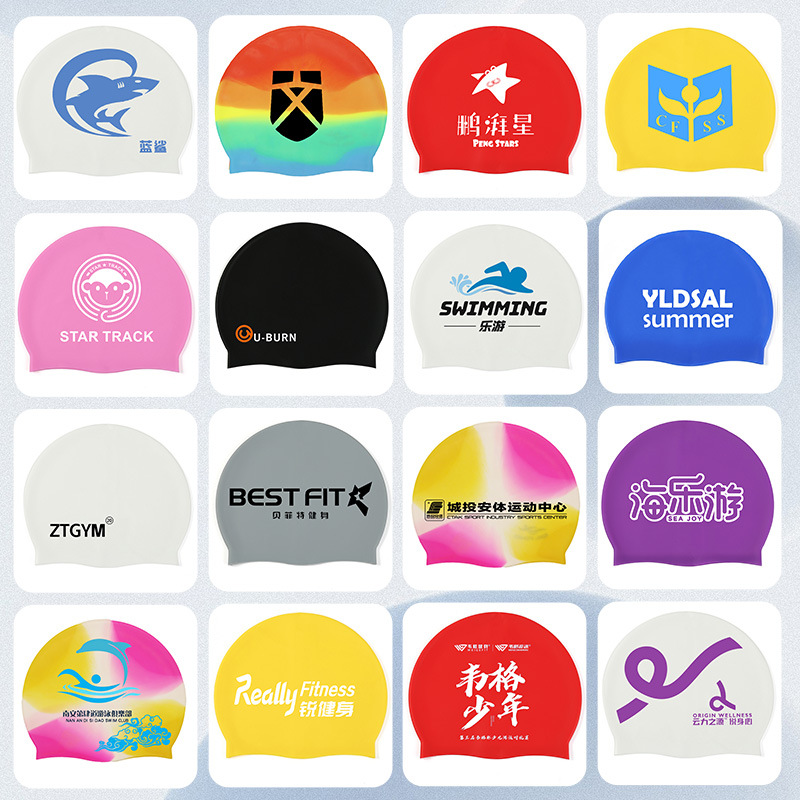 Adultos y niños sombreros de silicona personalizados logotipo de impresión de dibujo de muestra OEM sin estrangular sombreros de buceo fuente de trabajo