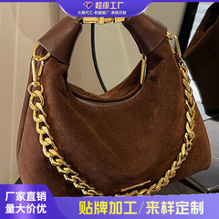 跨境麂皮绒手拎包包女2025新款秋冬复古百搭单肩腋下包斜挎饺子包