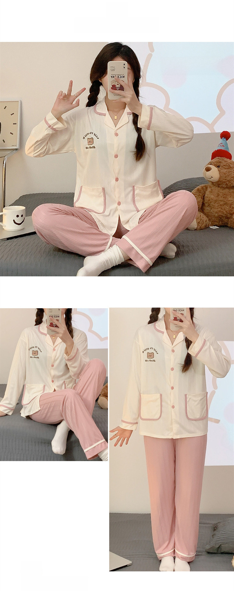 Sweet cartoon embroidered bear girl sweet spring and autumn long-sleeved trousers cardigan milk silk pit foreign trade suit_voghion.com