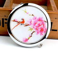 Korean Makeup Mirror, Blue-and-White Porcelain Makeup Mirror, Double-Sided Folding Makeup Mirror, Beauty Salon-Foldable Portable Makeup Mirror with Peony Design