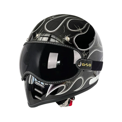 Motosiklet kaskı (dəbilqə) – Fiberglass Retro Motorcycle Helmet Full-Face Electric - black-background-silver-flame-black-tea-mirror-m55-56