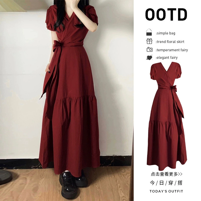 Красное платье-миди для женщин, лето 2025, новый нишевый стиль, в комплекте с длинной юбкой