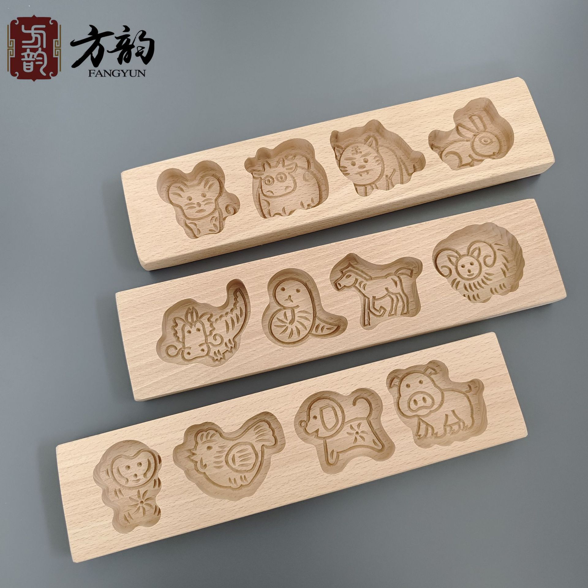 Four-hole mold pattern steamed bun mold, solid wood mooncake mold pastry bun card cookie mold DIY mold