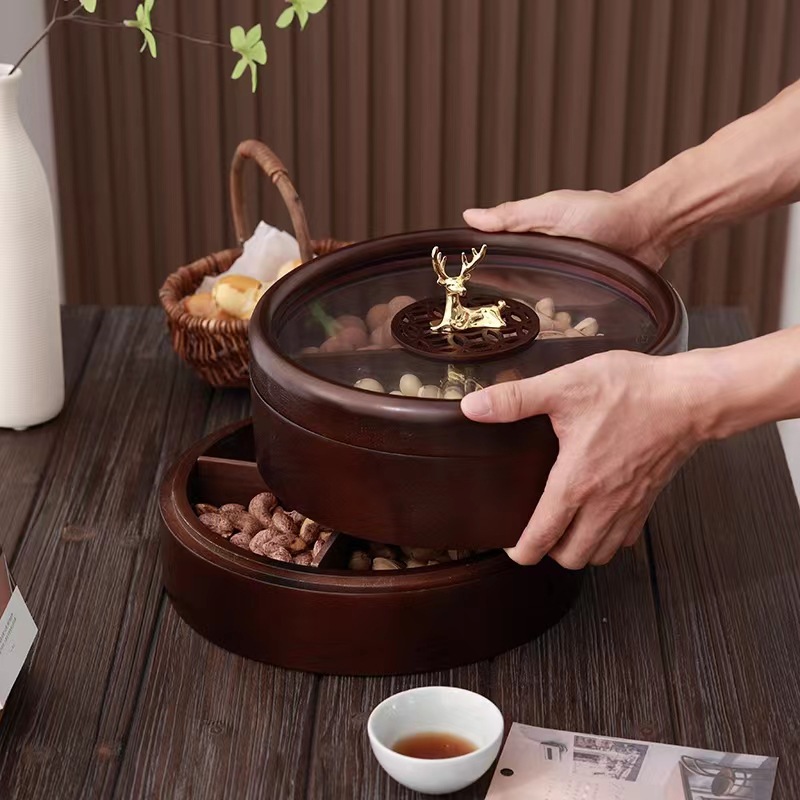 Caja de madera de doble capa de madera nueva caja de dulces chinos caja de nueces casera sala de estar semillas de melón bandeja de almacenamiento de bocadillos
