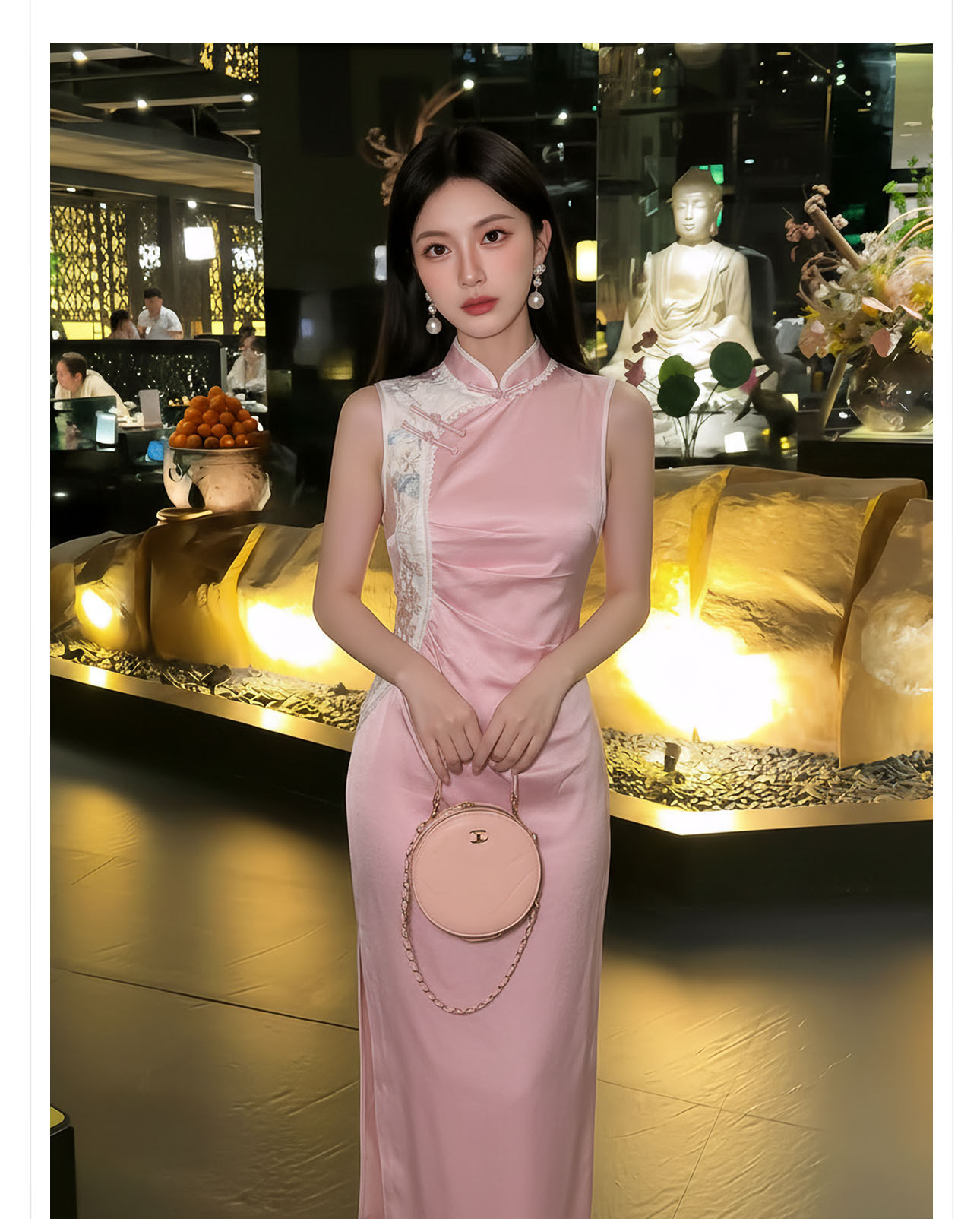 Đầm maxi nữ thắt eo cổ đứng thêu hoa phong cách Trung Hoa mùa hè — màu hồng chi tiết 8