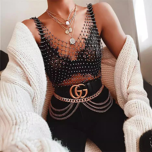 2024 European and American Amazon rhinestone fishnet top summer electronic syllable mesh rhinestone flash diamond women's short-sleeved vest