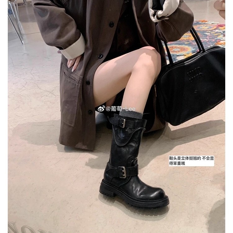 葡萄妈同款 英黎街头~ 秋冬新款水洗马皮酷飒圆头扣带厚底骑士靴|undefined