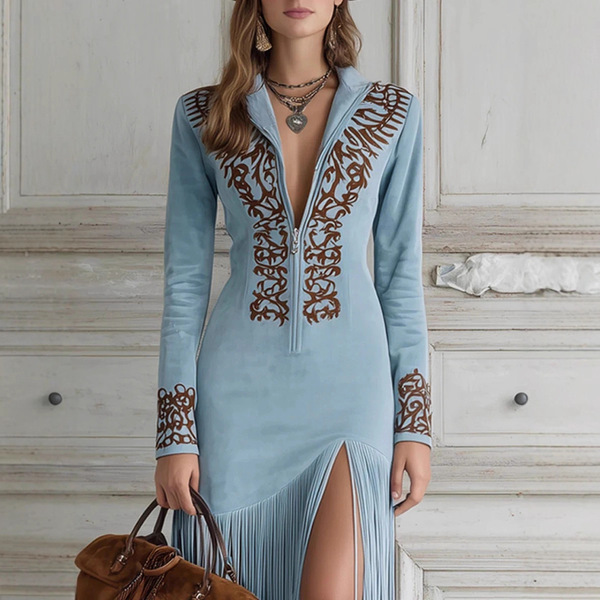 autumn retro ethnic dress with zipper