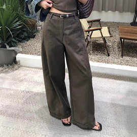 立体裁剪斜纹肌理挺括休闲工装阔腿裤女秋季百搭高腰显瘦直筒长裤