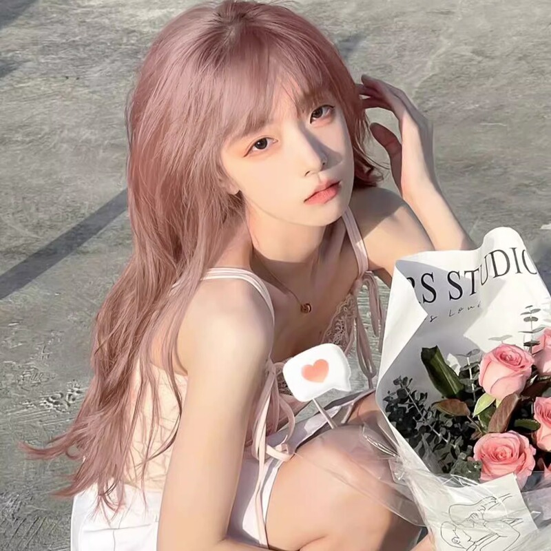 New Fashion Rose Pink Wig Women's Long Hair Sweet Imitation Lolita Long Roll Large Wave Wig Cover