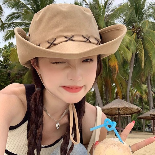 Western cowboy hat women's summer large brim camping hiking hat anti-UV fisherman hat large head circumference sun protection hat